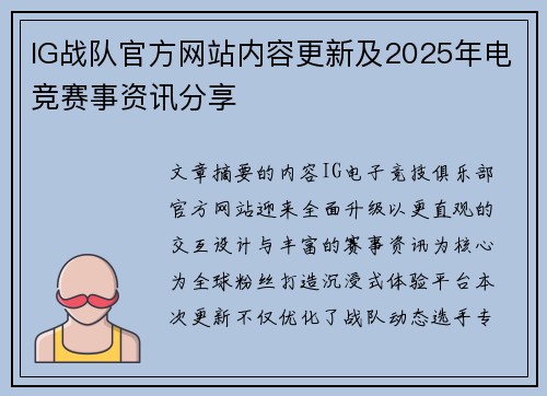 IG战队官方网站内容更新及2025年电竞赛事资讯分享